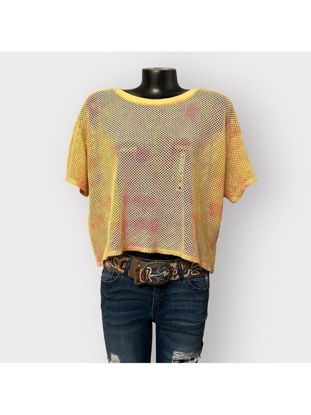 Gilded Intent Mesh Crop Top M Yellow & Orange Tie-Dye 100% Cotton